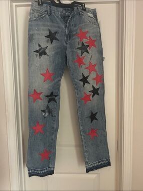MNML Light Wash Straight Leg Jeans with Red & Black Star Appliqués